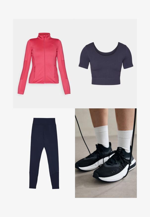 ONLY Play ONPJETTA - Polárdzseki - granita; Tengerész stílusú, rövid ujjú, ribbelt anyagból készült cropped top. Kerek nyakkivágással és testhezálló fazonnal rendelkezik.; Sötétkék leggings rugalmas anyagból, széles gumis derékkal, kontrasztos varrással és boka felé szűkített szabással.; Fekete sportcipők textúrált anyagból, fehér talppal és fekete fűzőkkel. Fehér bordázott zoknikkal viselve, világos felületen állva.