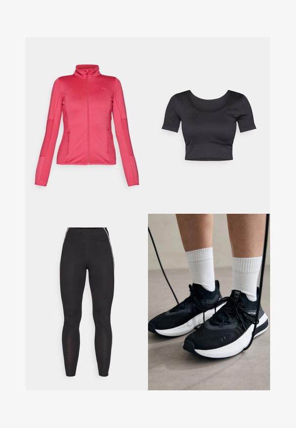 ONLY Play ONPJETTA czerwony; Czarny prążkowany krótki top z krótkimi rękawami, szerokim okrągłym dekoltem i dopasowanym paskiem na dole. Miękka tekstura, casualowy design.; Czarne legginsy wykonane z elastycznego materiału, z wysokim stanem. Posiadają białe pasek po bokach oraz gładką strukturę.; Czarne buty sportowe z teksturowanym materiałem, białą podeszwą i czarnymi sznurowadłami. Nosi je osoba w białych skarpetkach w prążki, stojąca na jasnej powierzchni.