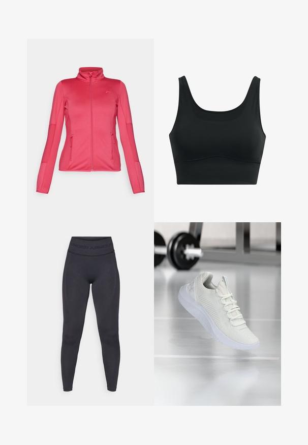 ONLY Play ONPJETTA - Forro polar - granita; Sujetador deportivo negro hecho de tela suave, con escote redondeado, tirantes anchos y diseño sin costuras con un dobladillo curvado.; Leggings negros con una cinturilla elástica alta que presenta el texto "UNDER ARMOUR". Textura suave con detalles de patrón sutil a lo largo de las piernas.; Zapatilla deportiva blanca con parte superior de malla texturizada y sistema de cordones, que presenta una suela blanca acolchada y sutiles acentos acanalados.