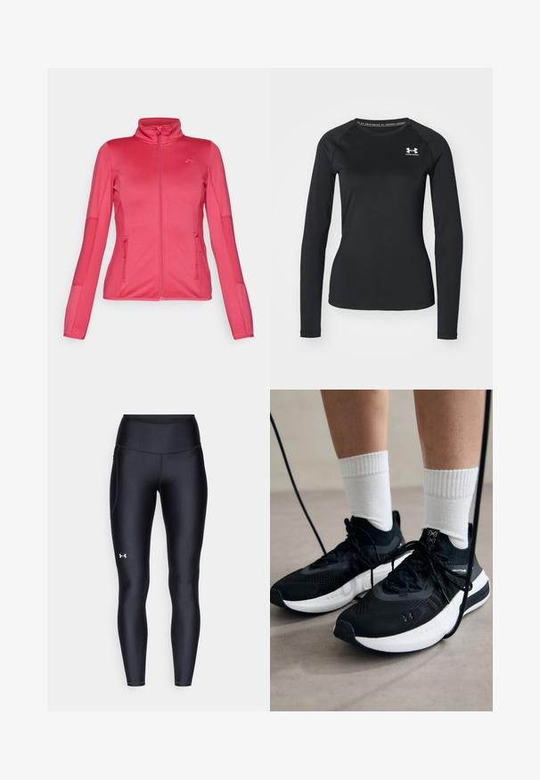 ONLY Play ONPJETTA - Fleecejakke - granita; Sort langærmet atletisk skjorte lavet af glat stof, med rund halsudskæring og et lille hvidt logo på venstre bryst.; Sorte leggings lavet af glat, strækbart materiale med høj talje. Har et hvidt logo på venstre lår og en tætsiddende design.; Sorte sportssko med tekstureret stof, hvid sål og sorte snørebånd. Båret med hvide ribbede sokker, stående på en lys overflade.