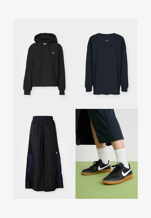 Černá mikina na zip vyrobená z bavlněné směsi, s klokaní kapsou, ribbed rukávy a malým vyšitým logem na hrudi.; Černé tričko s dlouhým rukávem vyrobené z bavlny s kulatým výstřihem. Na hrudi se nachází bílé logo Nike. Měkká textura, jednoduchý design.; Černé kalhoty širokého střihu vyrobené z lehkého materiálu, s námořnickou modrou bočním panelem a elastickým pasem. Malé bílé logo na spodní části.; Černé kožené a syntetické tenisky s bílým logem Nike, gumovou podrážkou, kulatou špičkou a černými tkaničkami. Viditelné žebrované bílé ponožky.
