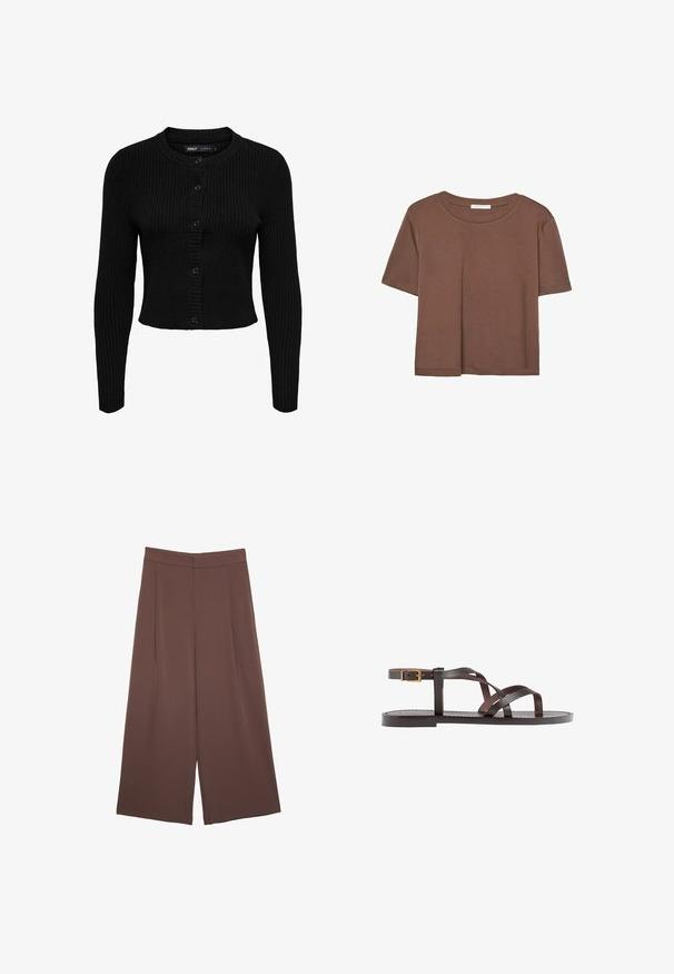 Črna rebrasta jopica z dolgimi rokavi, okroglim izrezom in gumbom za zapiranje. Teksturirana tkanina z nasprotnimi horizontalnimi in vertikalnimi rebrastimi vzorci.; Rjava kratka majica s kratkimi rokavi iz mehkega materiala, s krožnim izrezom in ohlapnim krojem. Brez vidnih vzorcev ali dodatkov.; Rjave široke hlače z gladko teksturo, ki imajo visok pas in sprednje naborke. Tkanina je lahka in prosto pada.; Rjav usnjen sandal z načinom prečnega črta, zaklepom okoli gležnja in ravnim podplatom z minimalnimi šivi.