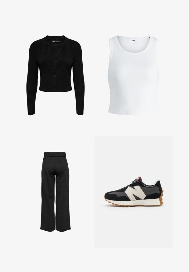 Black ribbed cardigan with long sleeves, round neckline, and button closure. Textured fabric with contrasting horizontal and vertical ribbing.; White ribbed tank top featuring a round neckline, sleeveless design, and a cropped length. Label reads "JJXX." Smooth fabric texture.; Black, wide-leg pants with an elastic waistband, made from smooth fabric. Features a clean design with no pockets or visible stitching details.; Black and gray suede sneaker with a large cream-colored "N" logo, purple laces, and a textured gum rubber outsole.