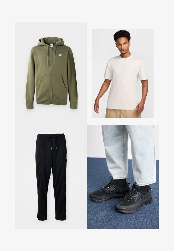 Sweatshirt de capuz verde-oliva, com fecho éclair em tecido suave, apresentando um fecho na parte frontal, dois bolsos laterais e um logo da Nike em branco no lado esquerdo do peito.; Homem com cabelo curto e encaracolado usa uma t-shirt bege da Nike e calções caqui, virado para a frente contra um fundo claro simple.; Calças casuais pretas com cordão na cintura, com bolsos laterais e corte reto, sobre um fundo simples.; Sapatilhas desportivas pretas com tecido texturizado e solas em borracha, apresentando atacadores elásticos e um detalhe azul no calcanhar. Usadas com calças de ganga claras.