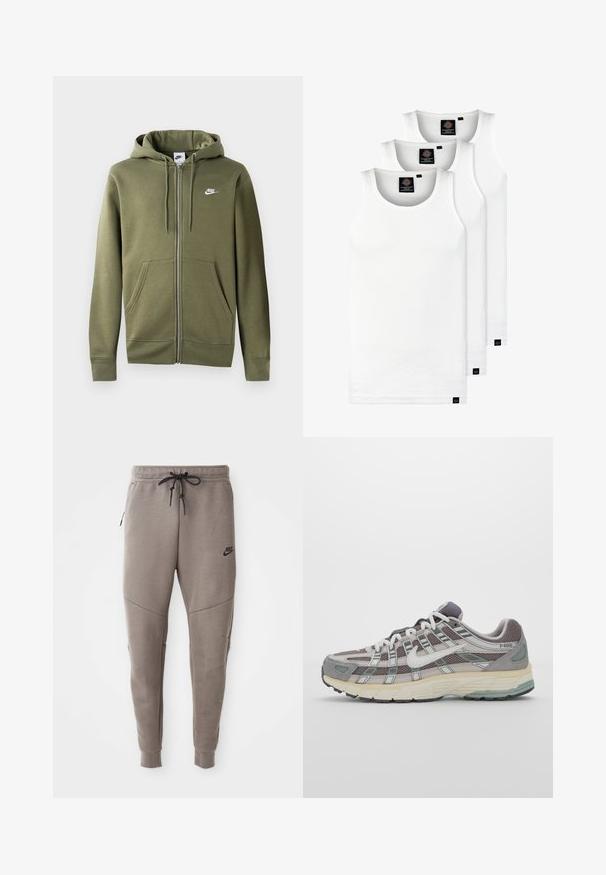 Oliven grønn hettegenser med glidelås i mykt stoff, med en frontglidelås, to sidelommer og en hvit Nike-logo på venstre bryst.; Tre hvite ribbestrikkede tank topper laget av bomull. Har en rund hals og små svarte etiketter nær kanten. Tilgjengelig i flere størrelser.; Grå Nike joggebukser med snor i midjen, smale ben, sidelommer og distinkte sømdetaljer. Myk, teksturert stoff.; Grå treningssko med overdel i nett og semsket skinn, hvite detaljer, en polstret såle, og et særpreget design med reflekterende elementer.