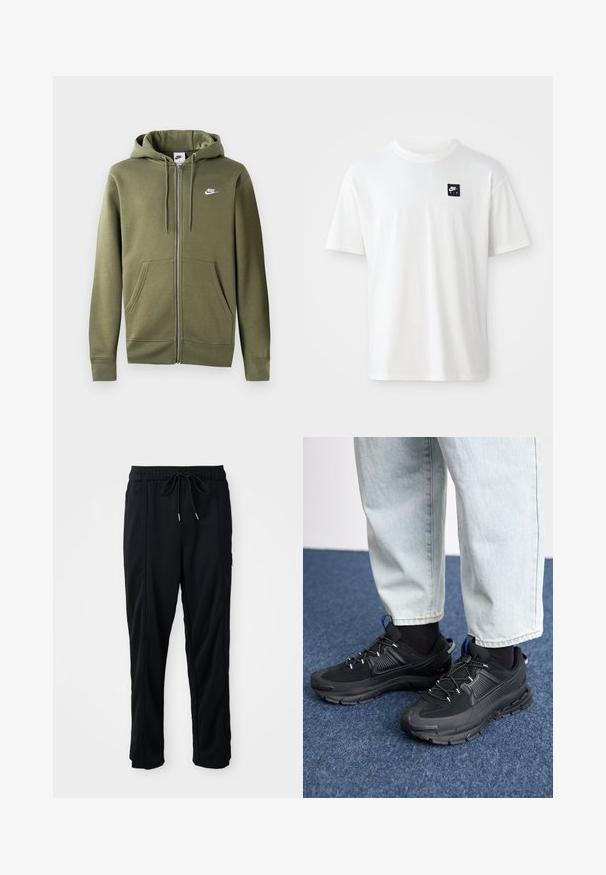 Sweatshirt de capuz verde-oliva, com fecho éclair em tecido suave, apresentando um fecho na parte frontal, dois bolsos laterais e um logo da Nike em branco no lado esquerdo do peito.; T-shirt branca em algodão com mangas curtas e decote redondo; apresenta um pequeno logótipo retangular preto da Nike Air no lado esquerdo do peito.; Calças casuais pretas com cordão na cintura, com bolsos laterais e corte reto, sobre um fundo simples.; Sapatilhas desportivas pretas com tecido texturizado e solas em borracha, apresentando atacadores elásticos e um detalhe azul no calcanhar. Usadas com calças de ganga claras.