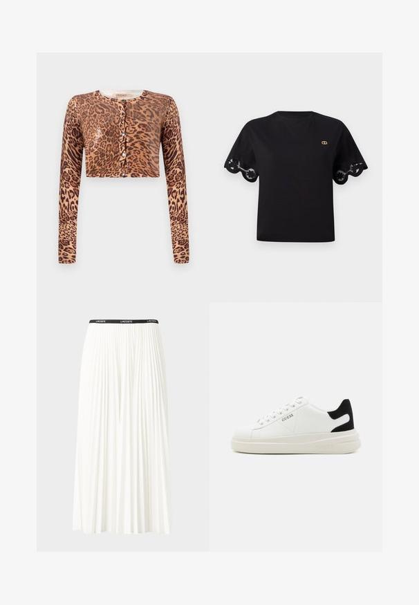 Cardigan cropped em padrão de leopardo, com mangas longas, fecho de botão e um tecido de malha texturizado com um detalhe brilhante.; T-shirt de algodão preto com mangas curtas e flare, apresentando um acabamento de renda em forma de concha. Pequeno logótipo dourado no peito. Design simples e clássico.; Saia plissada branca com uma cintura elástica preta que apresenta o logótipo "LACOSTE". Design de comprimento médio com textura suave.; Sapatilhas brancas de couro com uma sola branca espessa, detalhe em camurça preta no calcanhar e logótipo em relevo na lateral. Design com atacadores e seis ilhós.