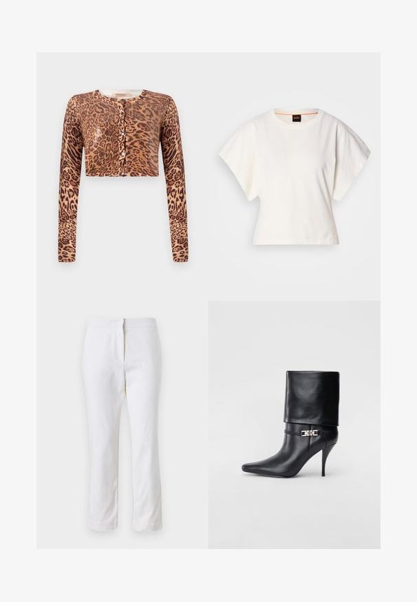 Leopardų rašto apkarpyta megztinė, pasižyminti ilgomis rankovėmis, mygtukų užsegimu ir tekstūruotu megztu audiniu su blizgiu akcentu.; Baltas trumpas marškinėliai, plačios trumpomis rankovėmis, minkšta medvilnė, apvali kaklo iškirptė su subtiliu oranžiniu apvadu, minimalus dizainas, be raštų ar grafikų.; Balti medvilniniai kelnių su tiesiu kojų dizainu, turintys vidutinį liemenį ir be matomų detalių ar raštų. Lygi tekstūra visame paviršiuje.; Juodos odinės kulkšninių botų su smailiu nosiu, aukštu stiletto kulnu, apvyniojamu kraštu ir auksine dekoratyvine sagtimi prie kulkšnies.
