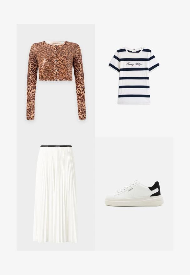 Korth cardigan med leopardmønster, med lange ermer, knaplukning og et teksturert strikket stoff med en skinnende detalj.; Koftet laget av bomull har horisontale marineblå striper på hvit bakgrunn. "Tommy Hilfiger" brodert i kursiv på brystet. Rund hals.; Plissert hvit skjørt med en svart elastisk midje som har "LACOSTE"-logoen. Midjelengde design med myk tekstur.; Hvite lær sneakers med tykk hvit såle, svart semsket hælforsterkning og preget logo på siden. Snøresystem med seks hull.