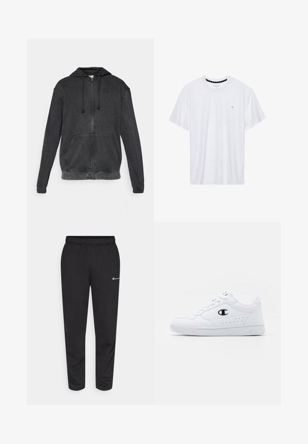 Schwarze Zip-Hoodie mit Kapuze, zwei Fronttaschen, Kordelzug-Verschlüssen und einem dezenten Logo auf der Brust; aus weichem Stoff mit strukturierter Oberfläche.; Weißes Crewneck-T-Shirt aus Baumwolle, mit kurzen Ärmeln und einem kleinen, auf der linken Brustseite gestickten Logo. Weiche Textur.; Schwarze Sweatpants aus Baumwollmischung, mit elastischem Bund und einem kleinen weißen Logo auf der linken Seite. Schmal zulaufendes Bein.; Weißes sportliches Sneakerpaar mit glattem, synthetischen Obermaterial, schwarzem Logo-Akzent und perforierten Details an der Seite. Gummisohle.