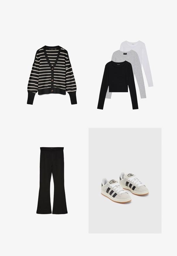 Černobílý pruhovaný cardigan s výstřihem do V, dlouhými rukávy a pěti hnědými knoflíky vpředu. Pletená textura s žebrovanými okraji.; Tři trička s dlouhým rukávem naskládaná na sobě: černé, šedé a bílé. Každé má kulatý výstřih a kratší střih z hladkého, lehkého materiálu.; Černé legíny s rozšířením vyrobené z elastického materiálu. Mají široký pás a hladkou strukturu, s přiléhavým střihem, který se na lemu rozšiřuje.; Šedé semišové tenisky s bílými tkaničkami, černými pruhy a bílou gumovou podrážkou. Mají kulaté logo na jazyku a gumovou podrážku.