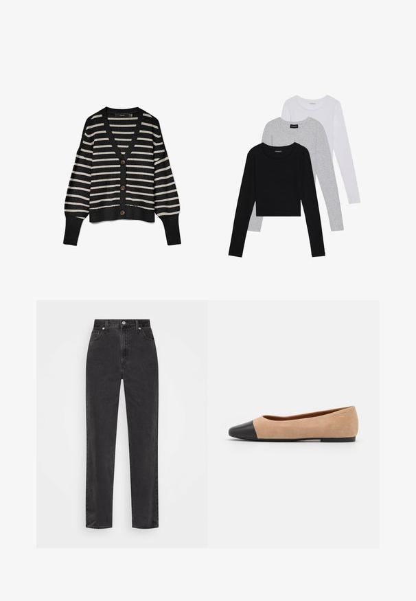 Czarny i kremowy sweter w paski z dekoltem w serek, długimi rękawami oraz pięcioma brązowymi guzikami na przodzie. Dzianinowa tekstura z prążkowanymi krawędziami.; Trzy bluzki z długim rękawem ułożone jedna na drugiej: czarna, szara i biała. Każda z okrągłym dekoltem i skróconym fasonem, wykonana z gładkiego, lekkiego materiału.; Czarne dżinsy o prostych nogawkach z wysokim stanem, z przodem zapinanym na guzik i zamek, oraz pięcioma kieszeniami na białym tle.; Beżowe zamszowe baleriny z czarnym skórzanym okrągłym noskiem, niskim obcasem i gładką teksturą, charakteryzujące się minimalnym przeszyciem i prostym designem.