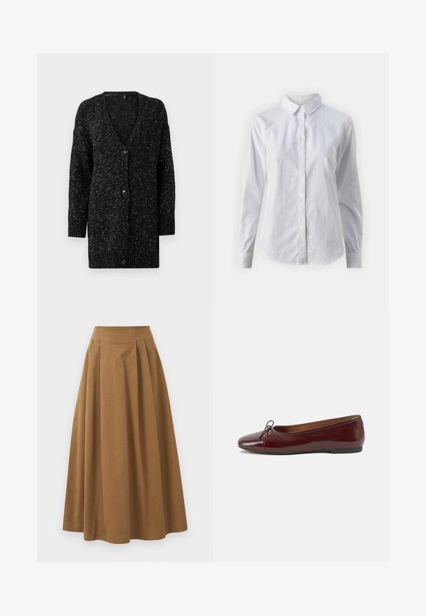 ONLY ONLJULIZ BUTTON CARD - Strickjacke - black/white; Weißes Hemd mit Knöpfen, aus glattem Baumwollstoff, mit klassischem Kragen, langen Ärmeln und abgerundetem Saum. Die Knöpfe sind klein und weiß.; Brauner Baumwoll-A-Linien-Rock mit hoher Taille, der vorne Falten aufweist und eine glatte Textur hat. Der Saum ist sauber und einfach verarbeitet.; Burgunderfarbenes, lackiertes Ballettschuh mit abgerundetem Zehenbereich, kleiner Schleifenakzent vorne und einer niedrigen, schwarzen Gummisohle. Glatte Textur.