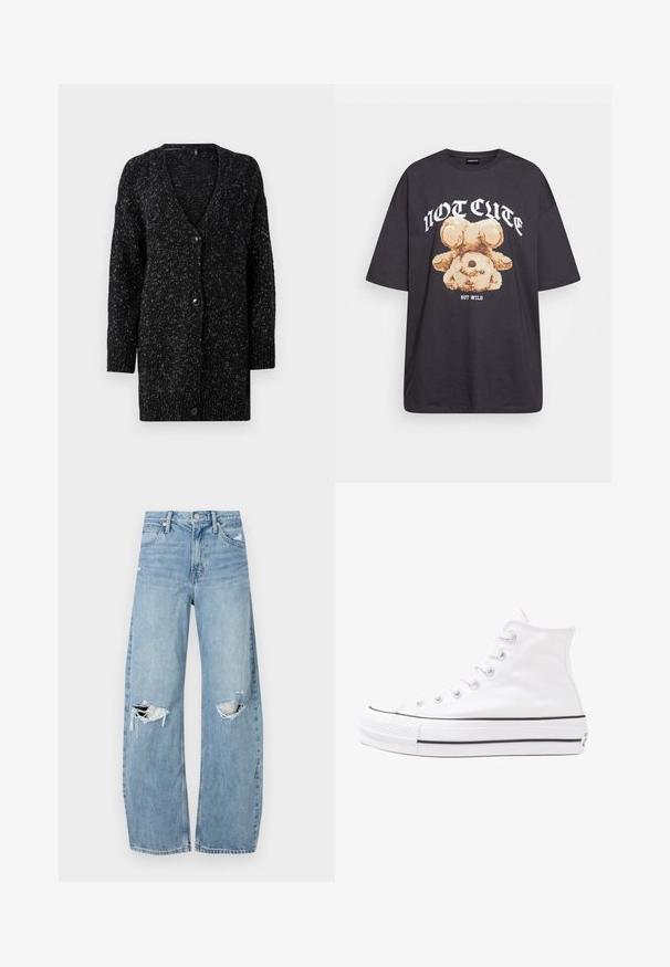 ONLY ONLJULIZ czarny; Czarny, oversize t-shirt z grafiką niedźwiedzia i napisem „NIE UROCZY, ALE DZIKI” w grubej, białej czcionce. Materiał bawełniany.; Jasnoniebieskie, wysokiej talii dżinsy wykonane z denimu. Posiadają szerokie nogawki, dwa podarte miejsca na kolanach oraz klasyczne pięć kieszeni.; Białe wysokie trampki z płótna z czarną gumową podeszwą, przednim czubkiem z gumy i sześcioma dziurkami na sznurowadła, charakteryzujące się prostym, minimalistycznym designem.