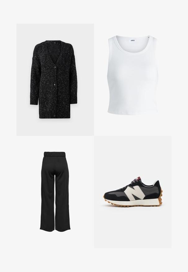 ONLY ONLJULIZ BUTTON CARD - Kardiganas - black/white; Balta raukšlėta tank top marškinėliai su apvaliu iškirpimu, be rankovių dizainu ir trumpa ilgio. Etiketėje parašyta "JJXX." Lygus audinio paviršius.; Juodos, plačios kelnės su elastinga juosta, pagamintos iš lygaus audinio. Pasižymi švariu dizainu, be kišenių ar matomų siūlių detalių.; Juoda ir pilka zomšinė sportinė avalynė su dideliu kreminiu "N" logotipu, violetinėmis raištelėmis ir tekstūruota gumos padu.