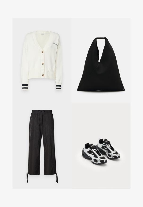 Cardigan bianco a maglia con scollo a V, caratterizzato da quattro grandi bottoni e accenti a righe bianche e nere sulle maniche. Il testo dice "GUESS JEANS."; Apricot Top - white; Pantaloni neri larghi con una cintura elastica e cordini regolabili alle caviglie. Tessuto liscio con una leggera lucentezza.; Scarpe da ginnastica nere e argentate con tomaia in mesh e materiale sintetico, caratterizzate da un design ondulato distintivo e colletto imbottito, con ammortizzazione ad aria nella suola.; Borsa tote in tessuto nero con un design unico a forma di V e una texture liscia. Presenta un manico corto con dettagli hardware minimalisti.; Guanti neri senza dita realizzati in materiale elastico, con un design per il palmo aperto, dettagli antiscivolo e il logo Nike in bianco.
