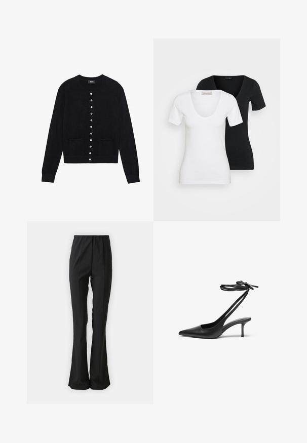 Melnas džemperis, kas izgatavots no mīksta auduma, ar noapaļotu kakla izgriezumu, garām piedurknēm, pogājamu priekšpusi ar astoņām pogām un divām priekšējām kabatām.; Divi pieguļoši īsām piedurknēm V-veida T-krekli, viens balts priekšā un viens melns aizmugurē, izlikti uz gaiša fona.; Melnie bikses ar izliektu dizainu, izgatavotas no gludas auduma. Aprīkotas ar elastīgu jostu un vertikālām šuvēm, lai nodrošinātu piegriezumu.; Melnas ādas stiletto kurpes ar norādītu purngalu, atvērtu aizmuguri un potītes siksniņām, kas sasietas neglītajā mezglā. Šaurs 3 collu papēdis. Gluda tekstūra, minimālisma dizains.