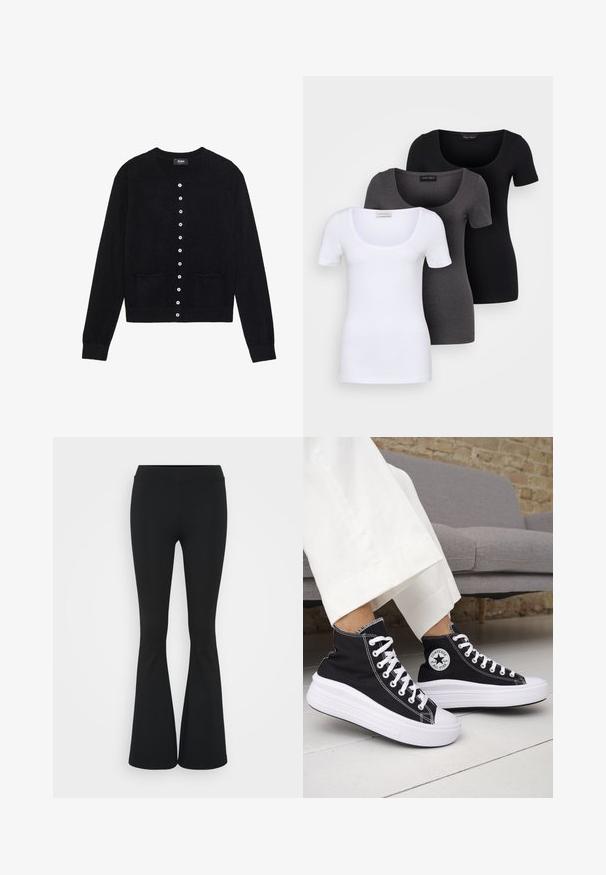 Črn cardigan iz mehkega materiala, z okroglo ovratnikom, dolgimi rokavi, sprednjim delom na gumbe s osmimi gumbi in dvema sprednjima žepoma.; Tri prilegla majica v beli, sivi in črni barvi. Vsaka ima širok izrez na vratu in kratke rokave. Narejene so iz gladkega, raztegljivega materiala.; Črne hlače s širokimi hlačnicami, izdelane iz raztegljive tkanine, z visokim pasom in gladko teksturo. Hlače se širijo od kolena navzdol.; Črni visoki supergi z belimi gumijastimi podplati in vezalkami. Na njih je okrogel logotip in kontrastno belo šivanje. Iz blaga platna.
