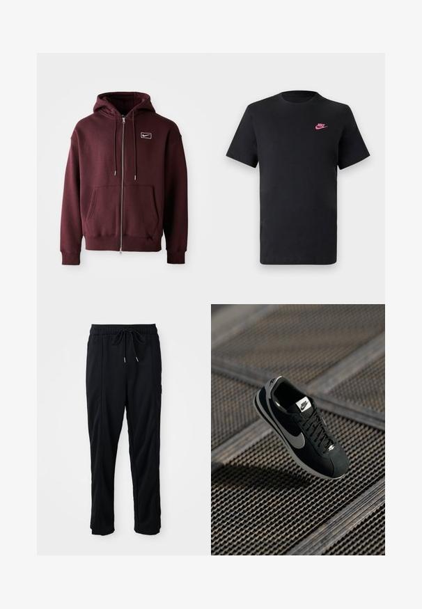 Μαρονά φούτερ με φερμουάρ, κατασκευασμένο από μείγμα βαμβακιού, με μπροστινή τσέπη, κουκούλα με κορδόνι και ένα μικρό λευκό λογότυπο στο στήθος.; Μαύρη μπλούζα φτιαγμένη από βαμβάκι με στρογγυλή λαιμόκοψη και κοντά μανίκια. Διαθέτει ένα ροζ λογότυπο Nike στην πάνω αριστερή πλευρά. Λείο υλικό.; Μαύρο παντελόνι casual με ρυθμιζόμενη μέση και πλευρικές τσέπες, κανονική γραμμή σε απλό φόντο.; Μαύρο αθλητικό παπούτσι Nike με γκρι λεπτομέρειες, από σουέτ και πλέγμα, υφασμάτινη σόλα, στενή σιλουέτα και κλασικό σχέδιο με κορδόνια.