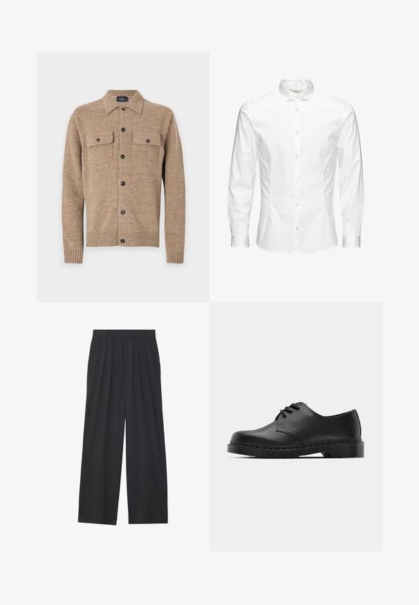 Brauner Wollcardigan mit Kragen, zwei Brusttaschen und schwarzen Knöpfen. Hat gerippte Bündchen und Saum. Texturiertes Material mit Einsprengseln.; Weißes langärmeliges Hemd mit Knopfleiste aus glattem Stoff. Verfügt über einen klassischen Kragen, eine durchgehende Knopfleiste und Ein-Knopf-Manschetten. Figurbetonter Schnitt.; Weit geschnittene Hosen aus dunkelgrauem Stoff. Merkmale sind Falten an der Taille, ein maßgeschneiderter Schnitt und eine gerade Silhouette.; Schwarze Leder-Oxford-Schuhe mit Schnürdesign, runder Zehenform, flacher Gummisohle und subtilen Nähten entlang des oberen Teils.