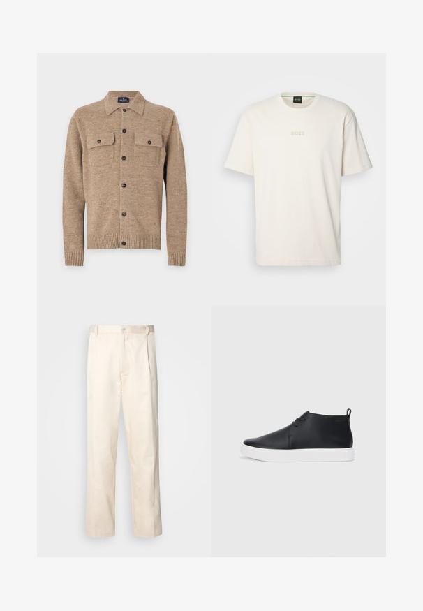 Brown wool cardigan with a collared neckline, two chest pockets, and black buttons. Features ribbed cuffs and hem. Textured material with flecks.; BOSS TEE - Basic T-shirt - open white; Beige cotton trousers with a straight-leg cut, featuring a button closure and pleats at the front for added detail.; Black leather high-top sneakers with a smooth finish, white rubber sole, and simple lace-up design. Features a pull tab at the back.