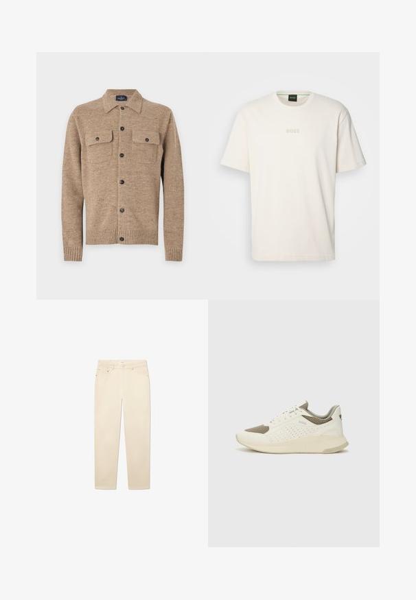 Brown wool cardigan with a collared neckline, two chest pockets, and black buttons. Features ribbed cuffs and hem. Textured material with flecks.; BOSS TEE - Basic T-shirt - open white; White beige denim jeans with a straight leg cut, featuring five pockets, a button and zipper closure, and subtle stitching details.; White and light beige athletic sneaker, featuring a mesh upper, perforated detailing, and a textured midsole with branding on the heel.