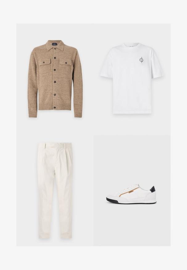 Brauner Wollcardigan mit Kragen, zwei Brusttaschen und schwarzen Knöpfen. Hat gerippte Bündchen und Saum. Texturiertes Material mit Einsprengseln.; Weißes Baumwoll-T-Shirt mit lockerer Passform, das ein kleines schwarzes Grafiklogo auf der linken Brustseite aufweist. Kurze Ärmel, Rundhalsausschnitt.; Weiße, plissierte Hose mit taillierten Schnitt, die eine glatte Textur, Gürtelschlaufen und schmal zulaufende Beine aufweist. Keine sichtbaren Taschen oder Muster.; Weiße Sportschuhe mit Mesh- und Lederelementen. Ausgestattet mit einem goldenen "BOSS"-Logo, strukturierten Seitenpaneelen und einer schwarzen Fersenkappe. Gummisohle.