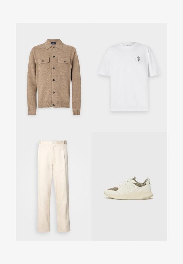 Hnedý vlnený kardigán s golierom, dvoma vreckami na hrudi a čiernymi gombíkmi. S ribbovanými manžetami a lemom. Textúrovaný materiál s farebnými škvrnami.; Biela bavlnená tričko s voľným strihom, s malým čiernym grafickým logom na ľavej strane hrudníka. Krátke rukávy, okrúhly výstrih.; Béžové bavlnené nohavice so strihom rovného nohu, s gombíkovým zapínaním a záhybmi vpredu pre pridanie detailu.; Biele a svetlo béžové športové tenisky s hornou časťou z mriežkového materiálu, perforovanými detailmi a textúrovanou medzipodrážkou s logom na päte.