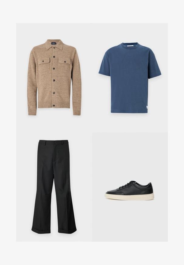 Cardigan din lână maro cu guler, două buzunare pe piept și nasturi negri. Dispune de manșete și tiv cu dungi. Material texturat cu fire în diverse nuanțe.; Tricou din bumbac bleumarin, cu mâneci scurte, guler rotund, croială obișnuită, design simplu, cu o mică etichetă cu logo la tiv.; Pantaloni negri cu picioare largi, cu talie cu nasturi și margini răsucite, expuși pe un fundal alb simplu.; Sneaker din piele neagră, cu vârf jos, cu șireturi negre și talpă de un alb murdar, prezentat în profil lateral, pe un fundal alb.