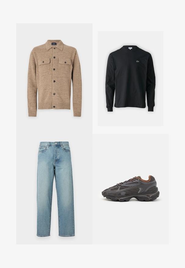 Cardigan en laine marron avec un col, deux poches poitrine et des boutons noirs. Présente des poignets et un ourlet côtelés. Matériau texturé avec des éclats.; T-shirt noir à manches longues en coton, avec un col rond et un petit logo de crocodile brodé vert sur la poitrine gauche.; Jean en denim bleu clair avec une coupe loose, jambes droites, design à cinq poches et fermeture à bouton à la taille. Détail de couture minimaliste.; Baskets Lacoste en gris foncé, en matériau mesh et synthétique, avec une semelle texturée et des accents marron sur le col et le branding.