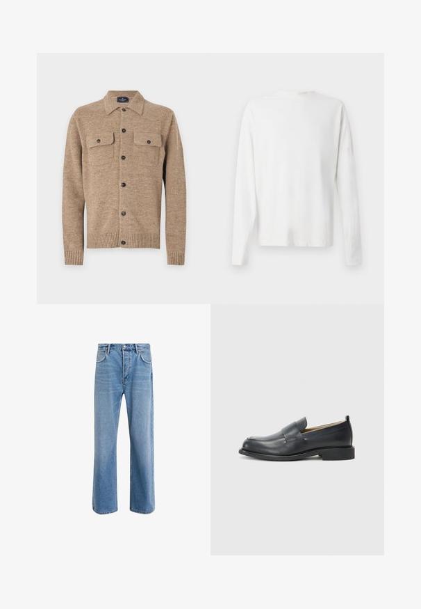 Bruine wollen cardigan met een kraag, twee borstzakken en zwarte knopen. Heeft ribgebreide manchetten en zoom. Gelaagde stof met vlekken.; Witte katoenen blouse met lange mouwen en een ronde halslijn, met zijsplitten aan de onderkant en een gladde textuur, vanuit de achterkant weergegeven.; Lichtblauwe denim jeans met een straight-leg ontwerp, vijf zakken, knoopsluiting, minimale vervaging en contrasterende stikseldetails.; Zwarte leren loafers met een gladde afwerking, een platte zool en een ronde neus met een decoratieve band over de bovenkant.