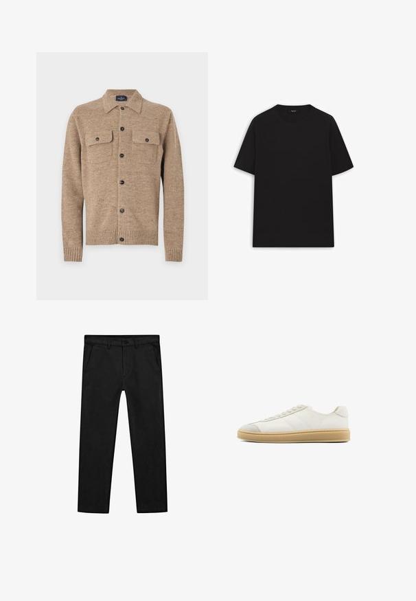 Cardigan in lana marrone con colletto, due taschini sul petto e bottoni neri. Presenta polsini e orlo a coste. Materiale testurizzato con fibre.; Maglietta nera in cotone con maniche corte, scollo rotondo e texture liscia. Nessun motivo visibile o dettagli in metallo.; Pantaloni neri in cotone con design a gamba dritta, tasche frontali e chiusura classica con bottone e zip. Texture liscia, vestibilità sartoriale.; Sneakers in suede bianco con una texture liscia, punta rotonda, lacci nella parte anteriore e suola in gomma beige. Presentano sottili strisce laterali e dettagli sul tallone.