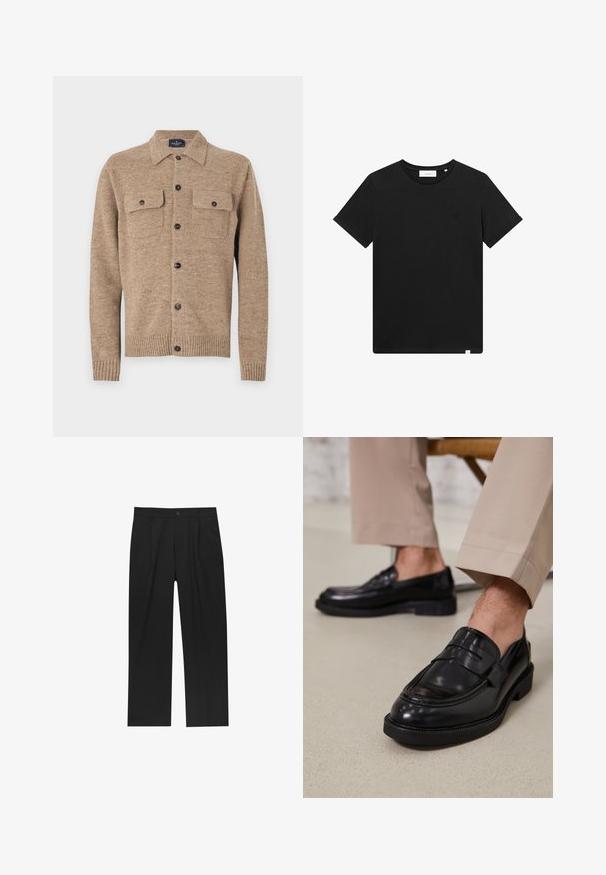 Cardigan in lana marrone con colletto, due taschini sul petto e bottoni neri. Presenta polsini e orlo a coste. Materiale testurizzato con fibre.; T-shirt nera a maniche corte in cotone, con scollatura rotonda e un piccolo logo ricamato sul petto. Tessuto liscio, vestibilità standard.; Pantaloni neri con un design a gamba dritta, realizzati in un tessuto liscio. Presentano pieghe frontali e una chiusura a un bottone in vita.; Mocassini in pelle nera con finitura liscia, dotati di una cintura decorativa e cuciture a contrasto, abbinati a pantaloni beige.