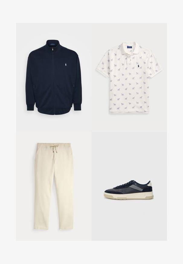 Sweatshirt azul-marinho com fecho, feito de um tecido suave, apresentando um colarinho alto, bolsos laterais, punhos e bainha canelados, com um pequeno logótipo no peito.; Camisola polo branca feita de algodão, com um padrão repetido de cães azuis e um pequeno logotipo azul no peito. Mangas curtas e colarinho.; Calças casuais off-white com cintura elástica e cordão, pernas retas e bolsos laterais, contra um fundo liso.; BOSS BALTIMORE - Sapatilhas - open blue