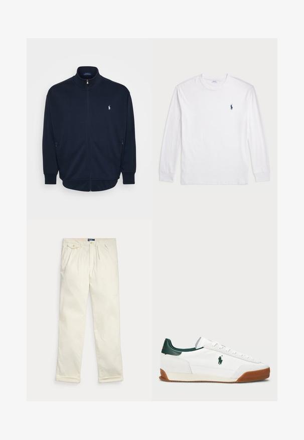Tengerészkék zipzáros pulóver, puha anyagból készült, álló gallérral, oldalsó zsebekkel, bordázott mandzsettákkal és alsó résszel, valamint egy kis logóval a mellrészen.; Fehér, hosszú ujjú póló, pamutból készült. Kerek nyakkivágással, bordás mandzsettákkal és egy kis sötétkék polo logóval a bal mellen.; Krém színű kordbársony nadrág redőkkel, oldalzsebekkel, gombos fedőzsebbel és felhajtott szegéllyel, fehér háttéren laposan elrendezve.; Fehér sneaker zöld bőr részletekkel és homokszínű gumitalppal. Textilből készült, oldalt kiemelkedő logóval. Fűzős kialakítás.