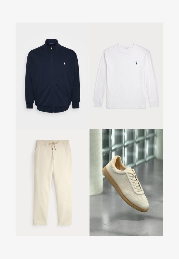 Jūras spēku zipa džemperis, kas izgatavots no mīksta auduma, ar stāvu apkakli, sānu kabatām, ribotām aprocēm un apakšmalu, ar nelielu logotipu uz krūškurvja.; Baltas garām piedurknēm T-krekls, izgatavots no kokvilnas. Tam ir apaļa kakla izgriezne, ribotas piedurknes un neliels tumši zilas polo logo kreisajā krūtī.; Off-white ikdienas bikses ar elastīgu jostu un auklu, taisnām kājām un sānu kabatām uz vienkārša fona.; Bēša zamšādas sporta apavu ar teksturētu gumijas zolīti. Aprīkoti ar plakanām šņorēm, apaļu purngalu un smalku zīmola uzrakstu sānos. Vieglāk polsterēts apkakle.