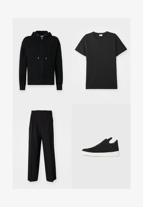 Black zip-up hoodie made from soft fabric. Features a large hood, front pockets, and drawstrings with metallic tips. Simple design.; Black short-sleeve T-shirt with a round neckline, made of smooth cotton fabric. Simple design with no patterns or accents.; Black pleated trousers with a straight, wide-leg design. Made from smooth fabric, featuring a button closure and belt loops.; Black suede sneaker with a white rubber sole, featuring tonal stitching and lace-up design. Smooth texture with a modern, streamlined shape.