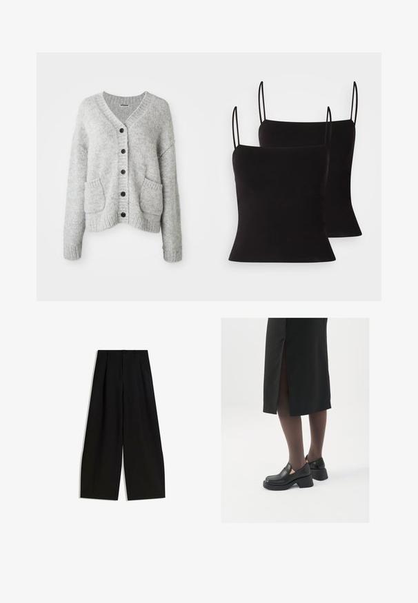 Lichtgrijze cardigan van zacht materiaal met een v-hals, knopen aan de voorkant, twee voorzakken en geribde manchetten en onderzoom.; Zwarte camisoles met dunne bandjes, gemaakt van een gladde, rekbare stof en met een aansluitende pasvorm. Verpakt in een set van twee.; Zwarte wijde pijpen broek van gladde stof, met een hoge taille, plooien aan de voorkant en geen zichtbare versieringen of patronen.; Zwarte leren schoenen met een ronde neus, dikke blokhak en elastische zijkanten, gecombineerd met donkere panty's en een zwarte rok met een split.