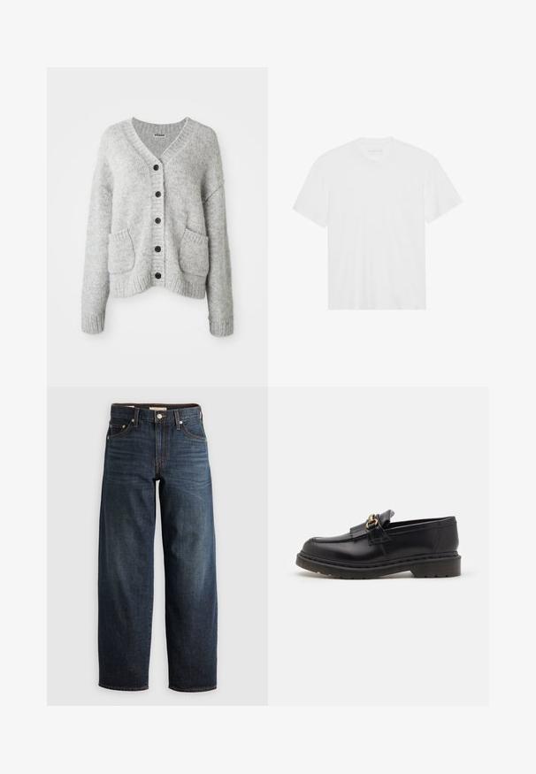 Cardigan gris clair en matériau doux avec un col en V, une fermeture à boutons, deux poches avant et des poignets et un ourlet côtelés.; T-shirt en coton blanc à manches courtes, col rond et ourlet droit. Texture lisse, design minimaliste sans motifs ni accents.; Jean bleu foncé en denim, avec une coupe droite, style cinq poches, accents de surpiqûres et fermeture à bouton.; Mocassins en cuir noir avec un bout arrondi, des franges décoratives et des accents en métal doré. Semelle en caoutchouc épaisse pour une meilleure adhérence et durabilité.