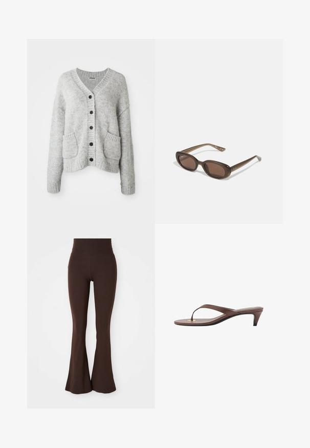 Cardigan grigio chiaro realizzato in materiale morbido, con scollo a V, chiusura con bottoni, due tasche frontali e polsini e orlo a coste.; Top bianco a maniche lunghe realizzato in tessuto morbido e liscio. Presenta un collo a giro e una vestibilità slim con dettagli di cucitura minimi.; Leggings marroni a campana realizzati in tessuto morbido ed elastico, con una vita alta e una silhouette aderente che si allarga alla caviglia.; Infradito con tacco marroni, dotati di una fascia sottile e un puntale arrotondato, con un piccolo dettaglio dorato sulla soletta.; Occhiali da sole ovali marroni con lenti scure. La montatura è realizzata in un materiale marrone trasparente e presenta un logo stampato sulle tempie.; Borsa tote beige intrecciata con un design morbido e una sola tracolla. Presenta un motivo Texturizzato su tutta la superficie.