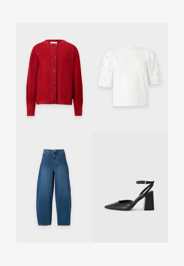 Červený pletený kardigán s okrúhlym výstrihom, dlhými rukávmi a šiestimi čiernymi gombíkmi na prednej strane. Mäkká textúra s mierne voľným strihom.; Biela bavlnená tričko s krátkymi volánovými rukávmi, zdobené malými striebornými ozdobami pozdĺž rukávov. Klasický okrúhly výstrih, voľný strih.; Džínsy v strednom modrom umývaní, s vysokým pásom, širokým strihom nohavíc a klasickým dizajnom s piatimi vreckami a viditeľnými švami.; Čierne kožené lodičky s špicatou špičkou a členkovým remienkom, s masívnym podpätkom. Hladký povrch, elegantný dizajn a minimalistická estetika.
