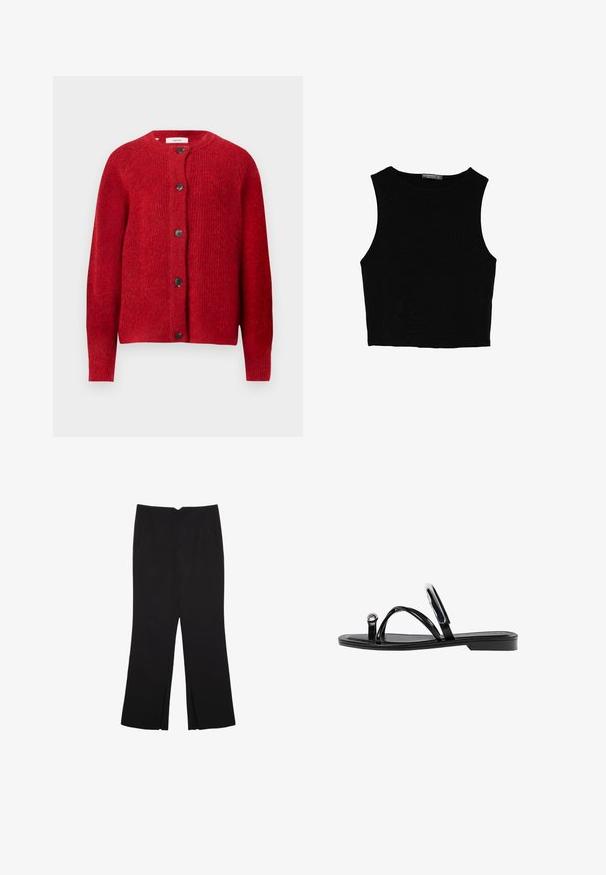 Červený pletený kardigan s kulatým výstřihem, dlouhými rukávy a šesti černými knoflíky vpředu. Měkká textura s mírně volnějším střihem.; Černý bezsleeve crop top vyrobený z hladké tkaniny, s kulatým výstřihem a čistým, jednoduchým designem bez vzorů nebo kovových doplňků.; Černé kalhoty s rovným střihem, s předními kapsami a bočními rozparky na lemu. Vyrobené z jemné, hladké tkaniny. Vhodné na různé příležitosti.; Černé ploché sandály s lesklým povrchem, třemi tenkými popruhy a kulatým kovovým detailem na špičce. Elegantní design s minimálním podpatkem.