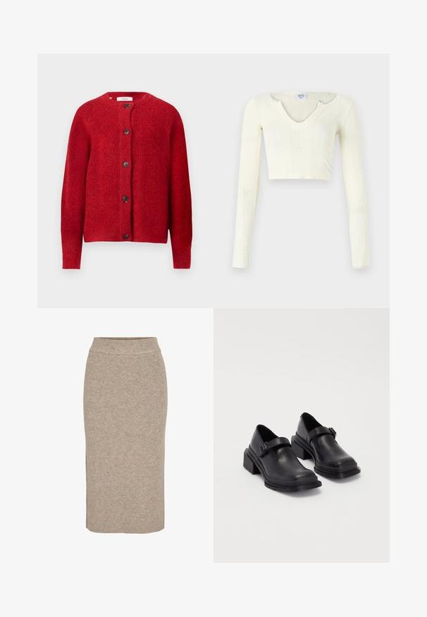 Cardigan tricotat roșu, cu guler rotund, mâneci lungi și șase nasturi negri pe față. Textură moale cu o croială ușor largă.; Top scurt din material tricotat de culoare albă murdară. Mâneci lungi cu textură cu rigle și mici decupaje în jurul gâtului.; Fustă creion tricotată, de culoare bej deschis, cu textură regjată, talie înaltă și croială ajustată. Fusta ajunge sub genunchi.; Pantofi din piele neagră cu vârf rotunjit, talpă plată și o curea cu detaliu de cataramă. Toc gros pentru o stabilitate suplimentară.