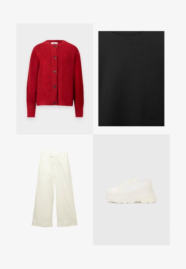 Röd stickad cardigan med rund halsringning, långa ärmar och sex svarta knappar fram. Mjuk textur med en något lös passform.; Svart bomullstyg med slät textur och rund halsringning, med ett subtilt, jämnt kornmönster. Inga synliga logotyper eller dekorationer.; Breda byxor i mjukt, krämfärgat tyg. Har en platt midja framtill och uppvikta fållar. Slät textur med en ren, minimalistisk design.; Vitcanvas sneakers med en chunky sula, rund tå och fem öglor för snören. Bakre tab för enkel påtagning. Slät yta, minimalistisk design.