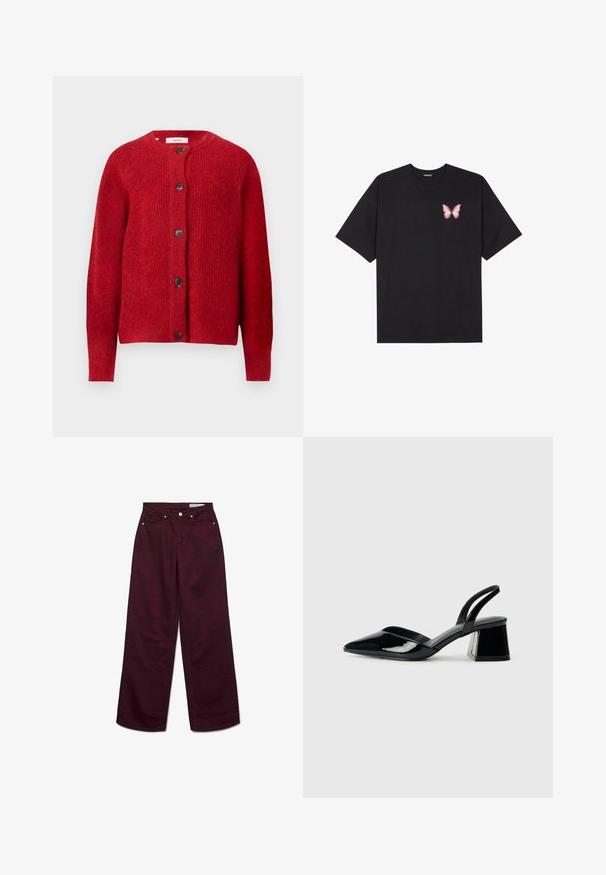 Rdeča pletena jopica s krožnim izrezom, dolgimi rokavi in šestimi črnimi gumbi spredaj. Mehka tekstura z nekoliko ohlapnim krojem.; Črna bombažna majica s kratkimi rokavi, ki ima majhen roza metuljček na levi strani prsnega dela. Majica s krožnim ovratnikom in sproščenim krojem.; Burgundske široke hlače iz bombaža, z visokim pasom, petimi žepi in kovinskimi dodatki. Gladka tekstura v enotni barvi.; Črne lakirane slingback pete s koničastim nosom in geometrijsko blokasto peto. Imajo eleganten, minimalističen dizajn in gladko teksturo.
