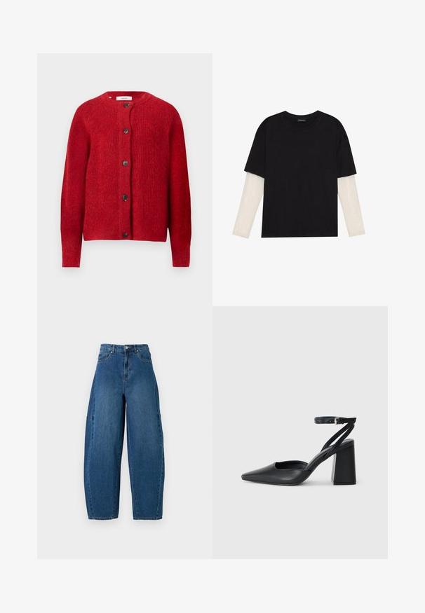 Piros kötött kardigán kerek nyakkivágással, teljes ujjakkal és hat fekete gombbal elöl. Puha textúra, enyhén bő szabás.; Fekete pamut póló, rövid ujjal, fehér hosszú ujjú réteg fölött, finom textúrával. Kerek nyakkivágású dizájn.; Közepes kék mosású farmernadrág, magas derékkal, széles lábszárral és hagyományos öt zsebes kialakítással, látható varrási részletekkel.; Fekete bőr, hegyes orrú magassarkú cipő boka pánttal és vastag sarokkal. Sima textúra, elegáns dizájn és minimális esztétika.