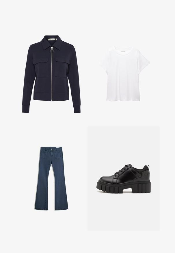 Sötétkék, cipzáros dzseki puha anyagból, gallérral, két elülső zsebbel és kerek cipzárhúzóval. Sima textúrájú és testhezálló fazon.; Fehér póló, puha, könnyű anyagból készült. Kerek nyakú, rövid, széles ujjaival és laza szabásával rendelkezik. Nincsenek látható minták.; Sötétkék, bőszárú farmernadrág, varrott zsebekkel, gombos záródással és sima felülettel. Klasszikus ötpocket dizájnnal rendelkezik.; Fekete bőr platform cipők vaskos blokk sarkakkal, kerek orral és hagyományos fűzős kialakítással. Simára csiszolt felület és minimális részletezés jellemzi.