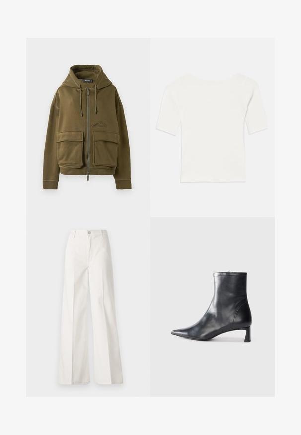 Olivově zelená mikina na zip s kapucí, s tkaničkami, dvěma velkými předními klopovými kapsami, žebrovanými manžetami a malým logem na levém prsu.; Bílý kratší top s pruhovaným vzorem a širokým výstřihem. Textura obsahuje vertikální pruhy, které zdůrazňují těsný střih a jednoduchý design.; Bílé volné kalhoty vyrobené z bavlny s hladkou texturou. Obsahují přední knoflík, zip a design se čtyřmi kapsami.; Černé kožené kotníkové boty s špičatou špičkou a elegantním designem. Mají nízký podpatek a zipové zapínání na zadní straně. Hladká textura.