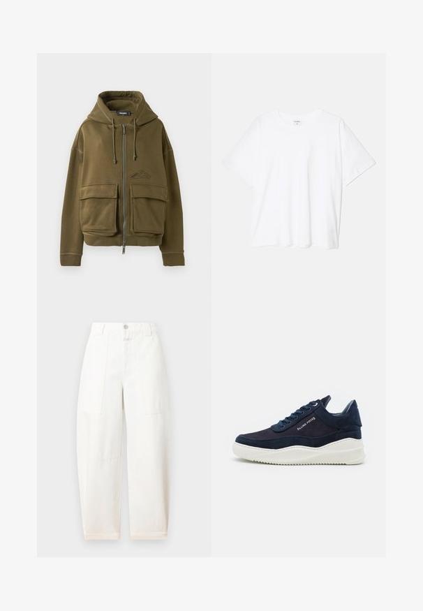 Olivnozeleni zadrževalni pulover na zadrgo z vrvicami, dvema velikima sprednjima žepoma s poklopcem, rebrastimi manšetami in majhnim logotipom na levem prsnem delu.; Bela bombažna majica s kratkimi rokavi, okroglim izrezom, sproščenim krojem in šivanim robom. Oznaka vidna na notranji strani izreza.; CLOSED RHANNON - Široke hlačnice - ivory; Temno modri semiš športniki z belimi gumijastimi podplati, okroglo prstno področje in vezalni dizajn. Imajo detajl logotipa na strani in teksturirane poudarke.