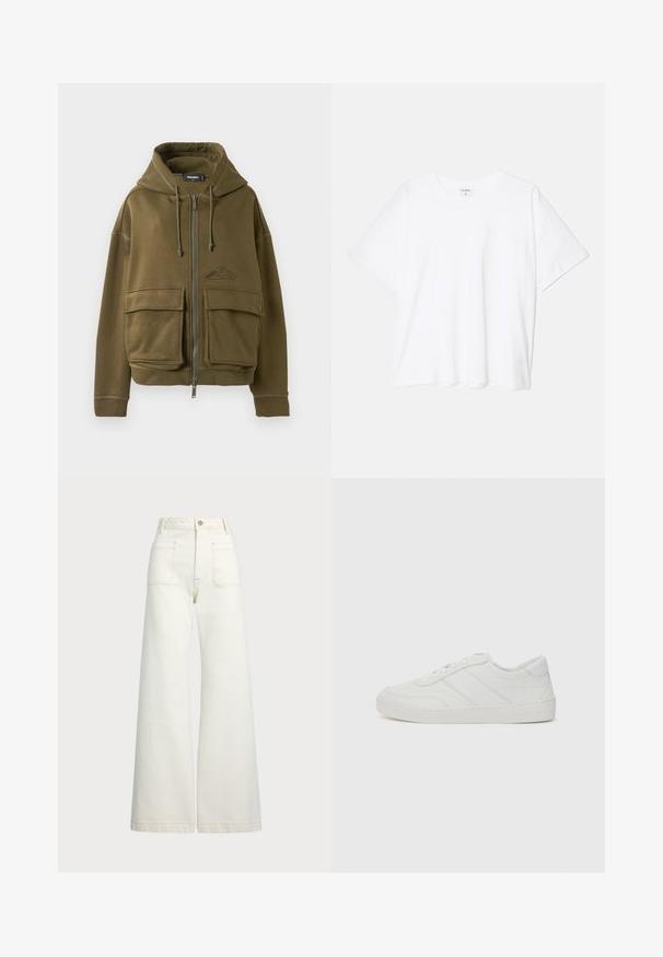 Olive green zip-up hoodie with drawstrings, two large front flap pockets, ribbed cuffs, and a small logo on the left chest.; White cotton t-shirt with short sleeves, round neckline, relaxed fit, and stitched hem. Label visible on the inside neck.; Wide-leg jeans in off-white denim. High-waisted design with a button closure, two front pockets, and contrast stitching details.; White leather sneaker with flat laces, rounded toe, and subtle stitching details. Features a textured sole and embossed brand logo on heel.